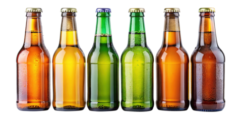 Six chilled bottles of beer standing in a row against a white background