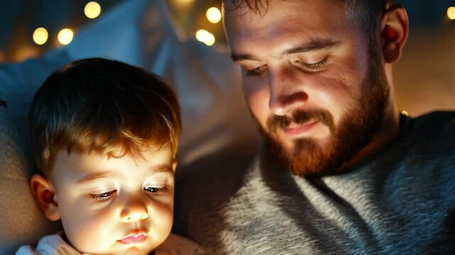 A father reads a bedtime story to his young son, creating a warm and intimate atmosphere with soft lighting and twinkling lights. The child's focus on the book is enchanting.