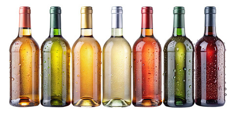 A selection of chilled wine bottles in various colors on a white backdrop