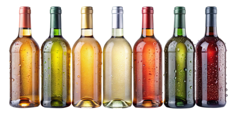 A selection of chilled wine bottles in various colors on a white backdrop