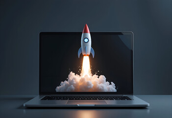Startup Innovation Concept: Rocket Launching from Laptop Screen in Futuristic Digital Artwork