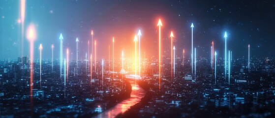 Fototapeta premium Futuristic Cityscape with Upward Digital Arrows Symbolizing Online Business Growth in Global E-commerce