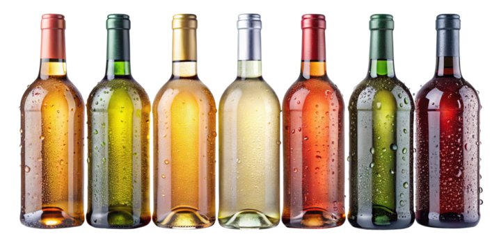 A selection of chilled wine bottles in various colors on a white backdrop