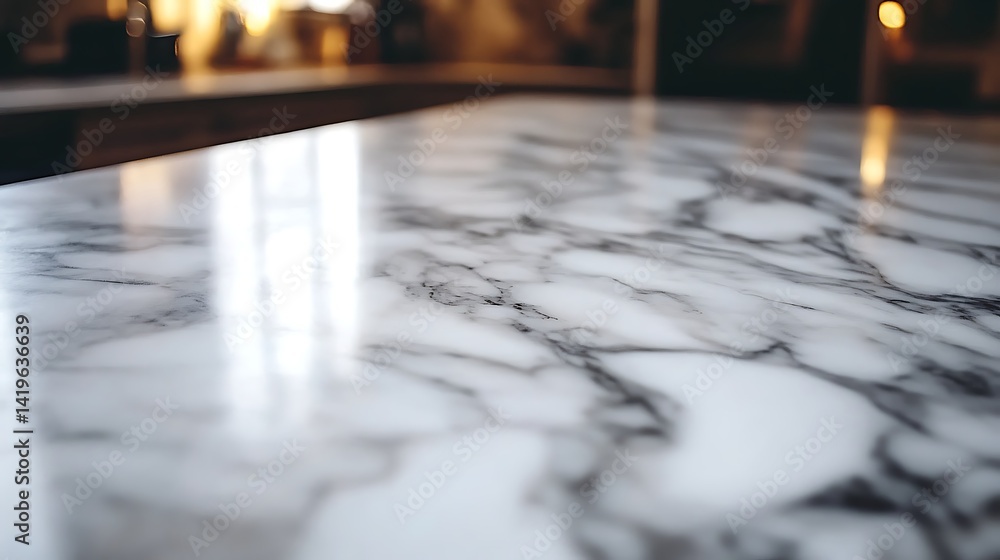 Poster close-up of a polished marble countertop showcasing intricate veining patterns in a softly lit kitch