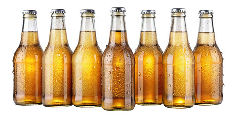 Chilled bottles of beer showcasing condensation on a stark white background scene