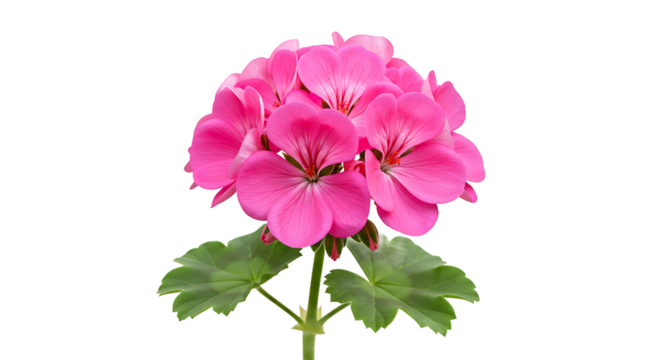 A vibrant pink geranium flower in full bloom against a stark black background with green leaves visible