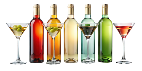 Elegant arrangement of wine bottles and martini glasses on a white background