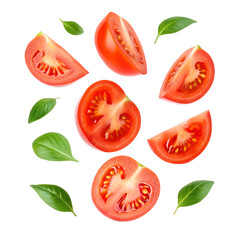 Freshly cut tomatoes and basil leaves on gray background for cooking