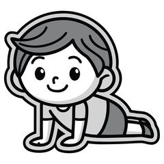 Crawling Baby Cartoon with Outline on White Background, Infant Movement, Cute Character