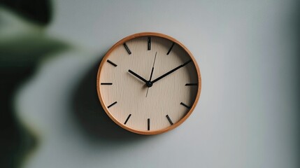 Wooden-framed clock, light wood face, black hands.