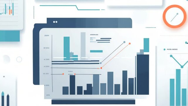 A computer monitor displays a variety of graphs and charts. Concept of information overload and complexity, as the different graphs and charts are spread out across the screen