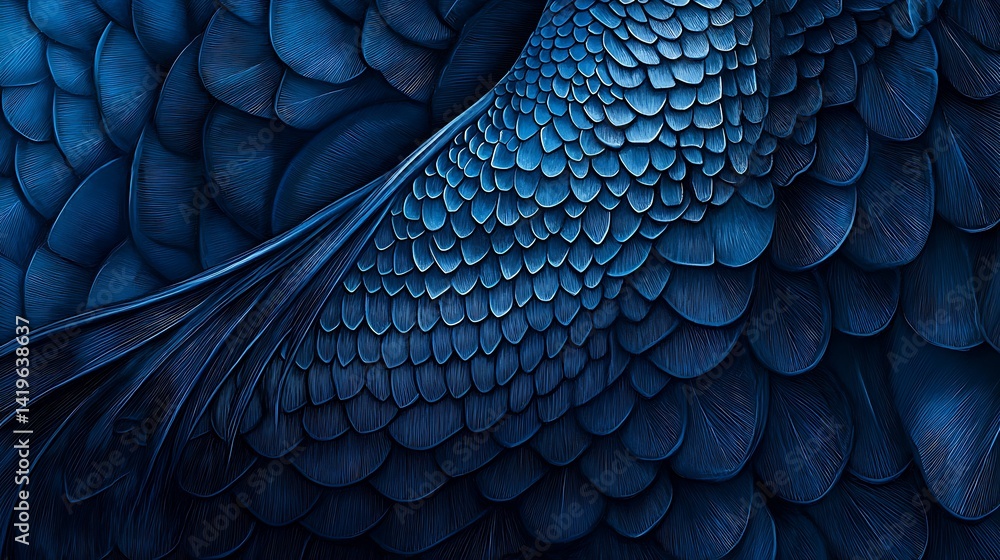 Poster close-up of intricate blue feather patterns showcasing texture and depth in a vibrant color scheme