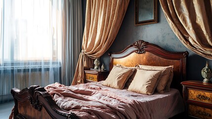 Elegant bedroom interior with wooden furniture, draped curtains, and soft lighting at dusk