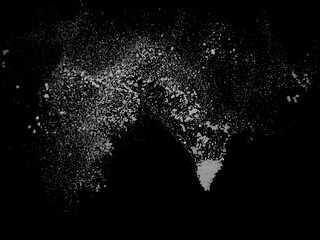 White powder or flour splash isolated on black background freeze stop motion object design. Design element for kitchen, bakery, advertising, Powder sugar explosion or splash png, falling flour, salt.