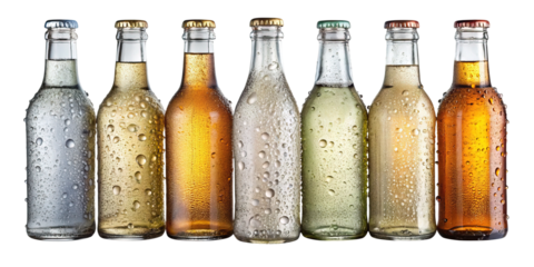 A line of glass bottles filled with colorful liquid covered in condensation