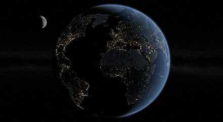 Naklejka premium Earth at Night and Moon Showing City Lights in Outer Space View