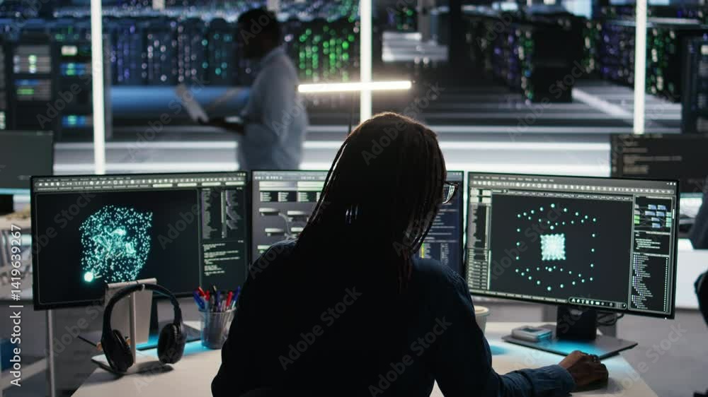 Poster data center computer scientist using node tree software to analyze datasets. server farm it worker u