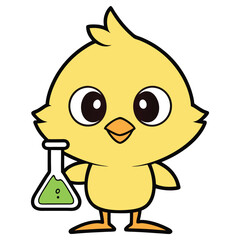 Obraz premium Cheerful Cartoon Chick Holds Beaker with Green Liquid Isolated on White