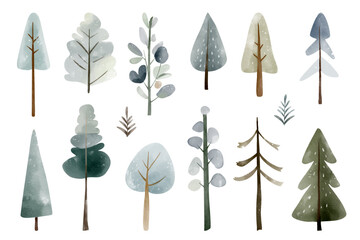 Obraz premium Set of watercolor winter trees. Cute fairy snowy trees. Wintertime nature. Hand drawn childlike illustration. Pines, firs