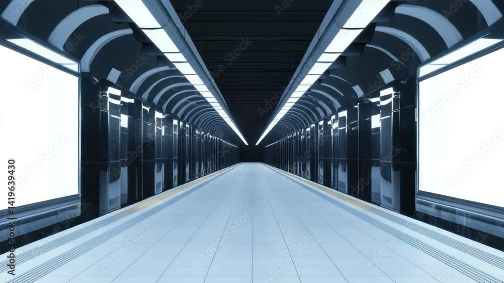 Poster futuristic subway tunnel with illuminated pathway and minimalist design, emphasizing depth and symme
