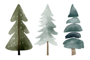 Watercolor winter trees. Pines, firs. Cute fairy snowy trees. Wintertime nature. Hand drawn childlike illustration.
