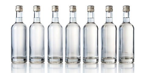 Seven identical clear glass bottles filled with transparent liquid and metal caps