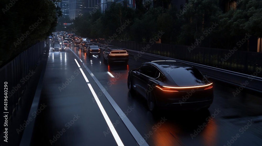 Poster nighttime urban highway scene with traffic flow wet road surface and city lights creates a modern an