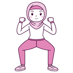 Cartoon Arab Woman in Hijab Squatting with Arms Raised on Transparent Background