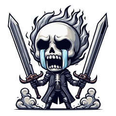 Crying Skeleton Warrior with Flaming Hair and Swords