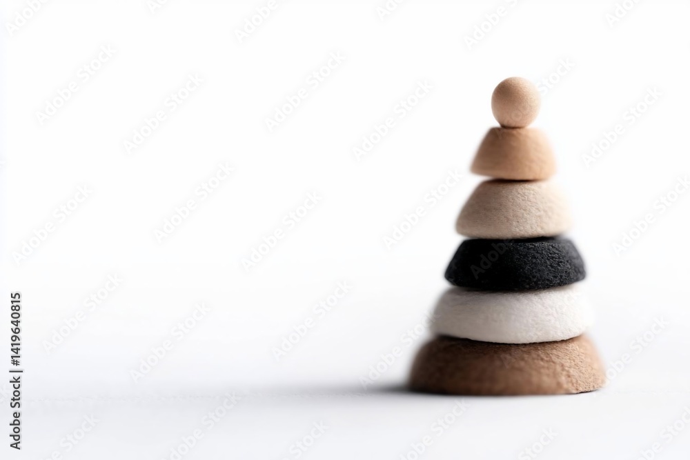 Poster a balanced stack of textured, spherical shapes in neutral tones against a white background. the comp