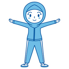 Cartoon Muslim Girl in Blue Hijab Stretching Arms on Transparent Background