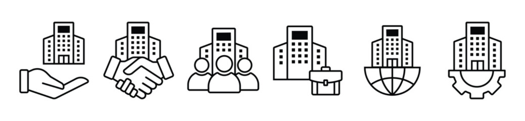 Commercial Buildings Icon collection containing 6 editable stroke icons. Perfect for logos, stats and infographics. Edit the thickness of the line in any vector capable app.