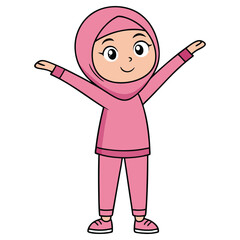 Cheerful Cartoon Arab Girl in Pink Hijab Raising Arms on Transparent Background