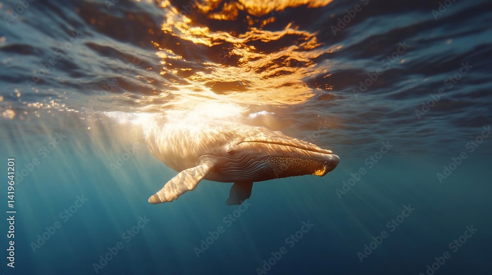 Aufkleber Underwater view featuring an animal illuminated by sunlight streaming through the water creating a tranquil and ethereal atmosphere