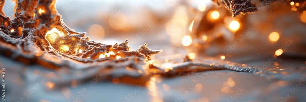 Poster Abstract macro shot featuring fiery golden bokeh with ice and snow textured forms creating a dynamic and textured visual experience with soft lighting