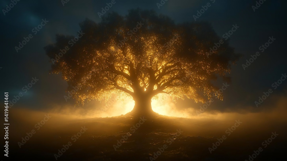 Poster glowing golden tree stands dramatically against a dark misty backdrop emitting warm light and creati