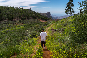 Obraz premium Young man hiking at the top of Gran Canaria Island in a sunny day. Canary islands. Spain