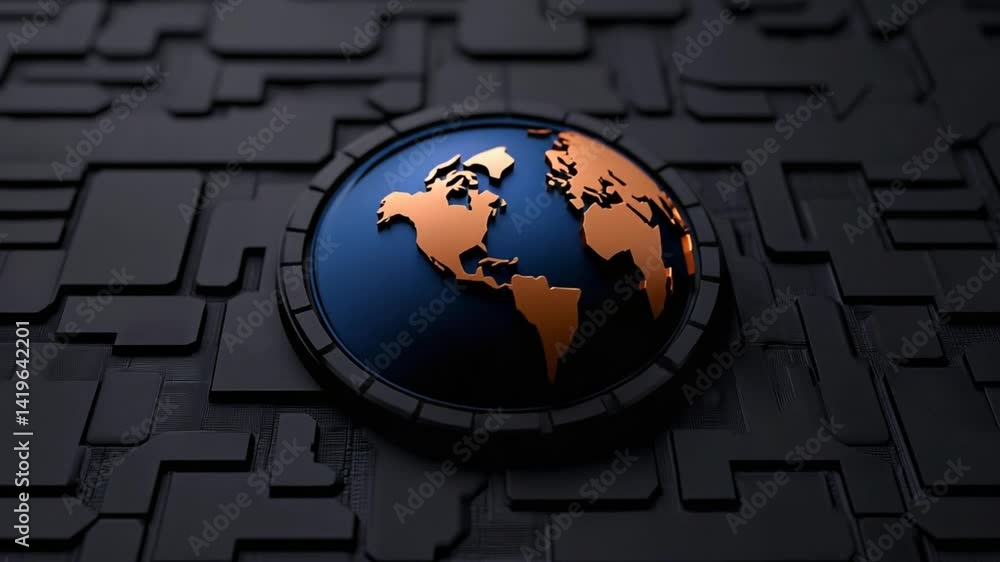 Poster abstract globe design in dark colors featuring continents against a textured black background with a