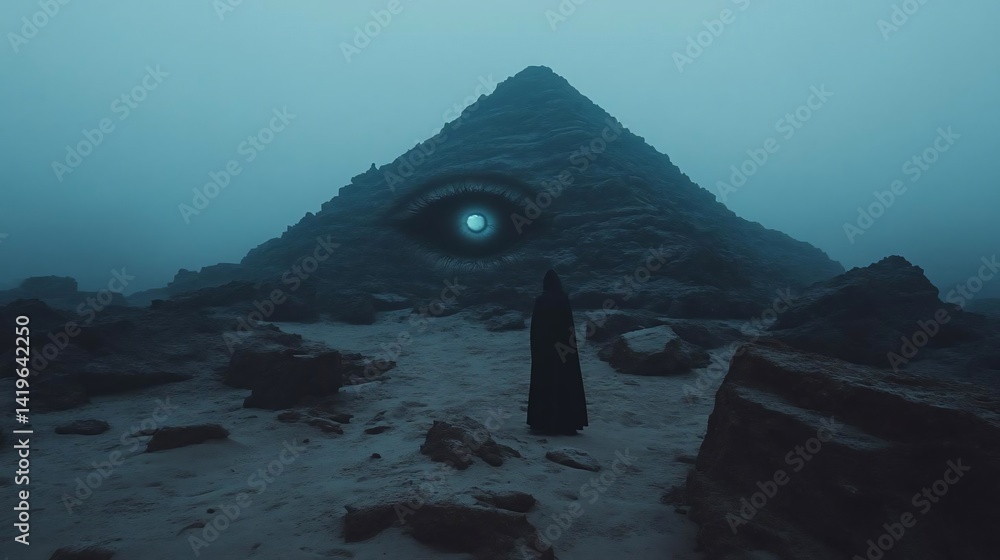 Poster Mysterious underwater scene featuring a pyramid with a glowing eye a dark figure standing before it and textured surroundings lit by muted cool tones