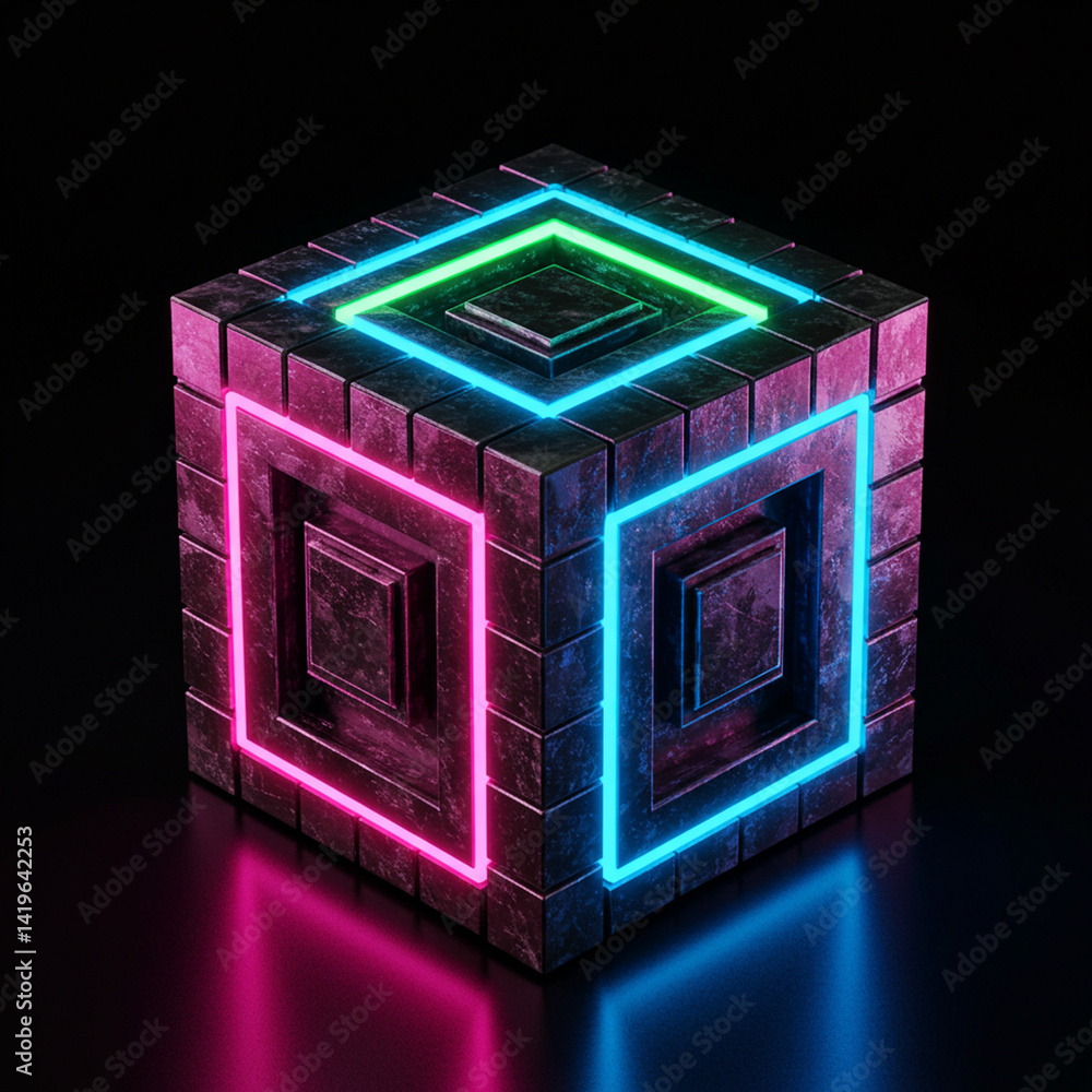 Poster geometric cube structure with neon outlines on a dark surface with reflections