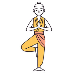 Cartoon Asian Woman in Tree Pose Doing Yoga on Transparent Background