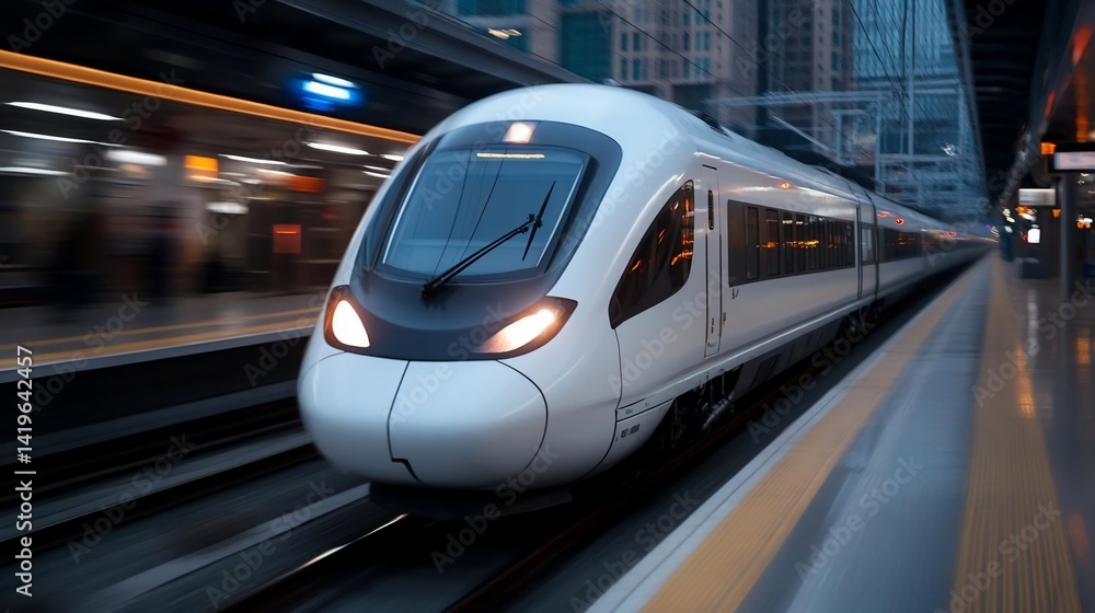 Aufkleber high-speed train speeding through a station with blurred background showcasing motion in the city. t