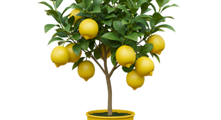 A small lemon tree in a yellow pot with several lemons hanging from the branches and green leaves around