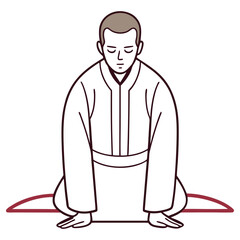 Asian Man Meditating on Mat with Eyes Closed in Outline Style on White