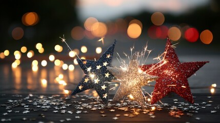 Red, white, and blue sparklers glow against a dusk sky with soft fireworks, celebrating American Independence Day's festive spirit.