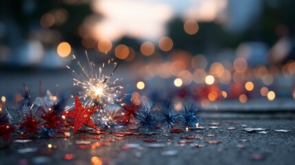 Red, white, and blue sparklers glow against a dusk sky with soft fireworks, celebrating American Independence Day's festive spirit.