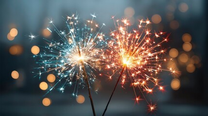 Red, white, and blue sparklers glow with golden embers, starry bokeh lights behind, celebrating American Independence Day.