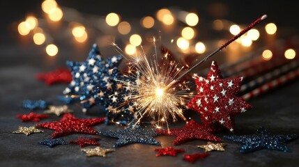 Red, white, and blue sparklers glow against a dusk sky with soft fireworks, celebrating American Independence Day's festive spirit.