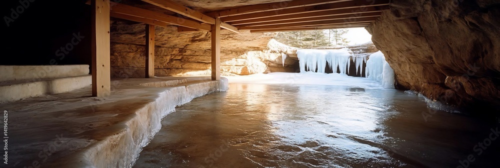 Poster Interior cave view featuring ice formations and wooden beams with textured stone walls. The scene is illuminated by natural light creating a cool atmosphere