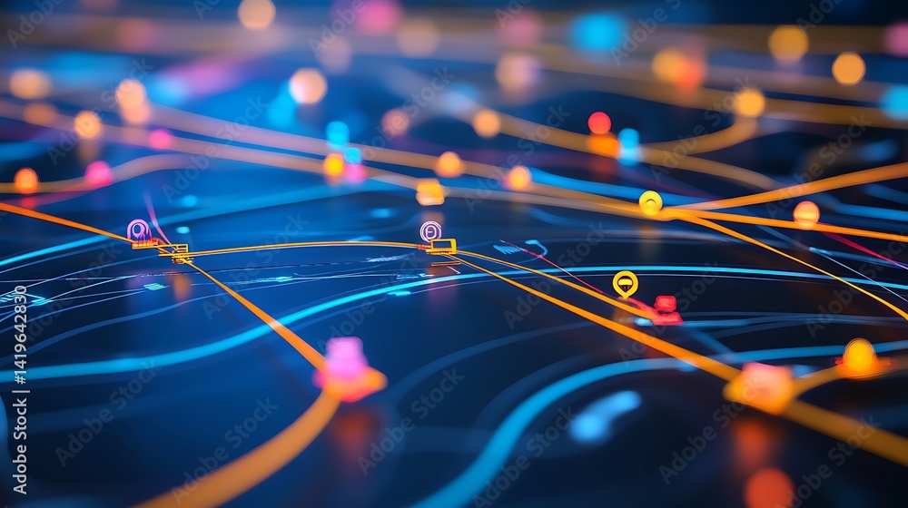 Poster colorful abstract representation of digital connectivity and data flow with vibrant nodes and lines